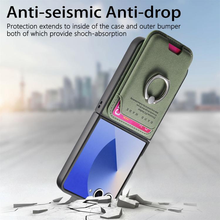 Funda magnética con anillo para Samsung Galaxy Z Flip7 5G, de tela sarga y tarjetero (verde)
