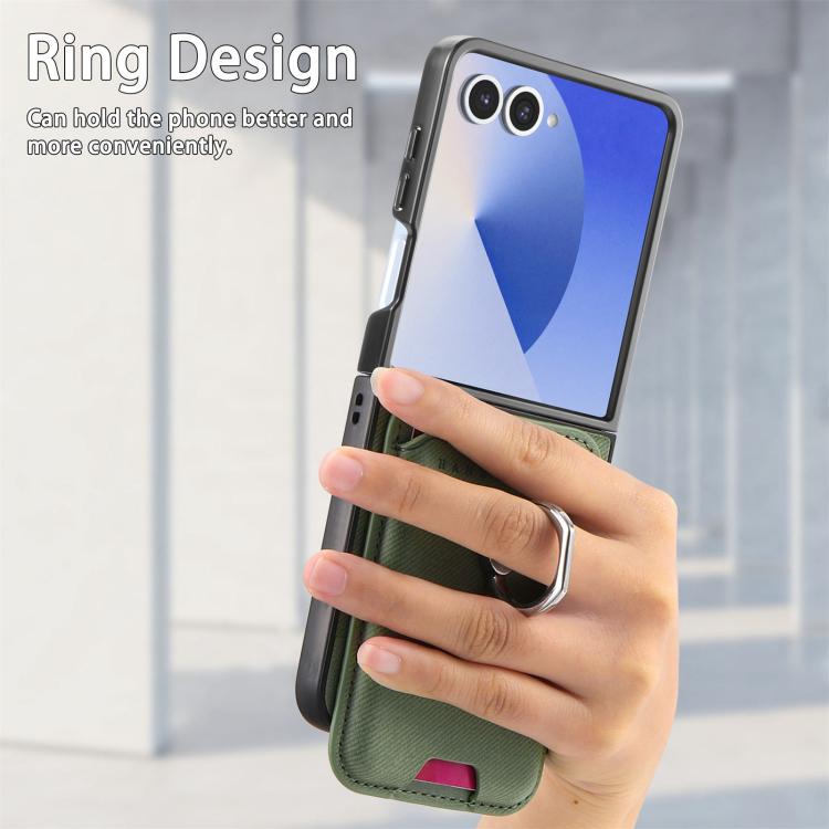 Funda magnética con anillo para Samsung Galaxy Z Flip7 5G, de tela sarga y tarjetero (verde)