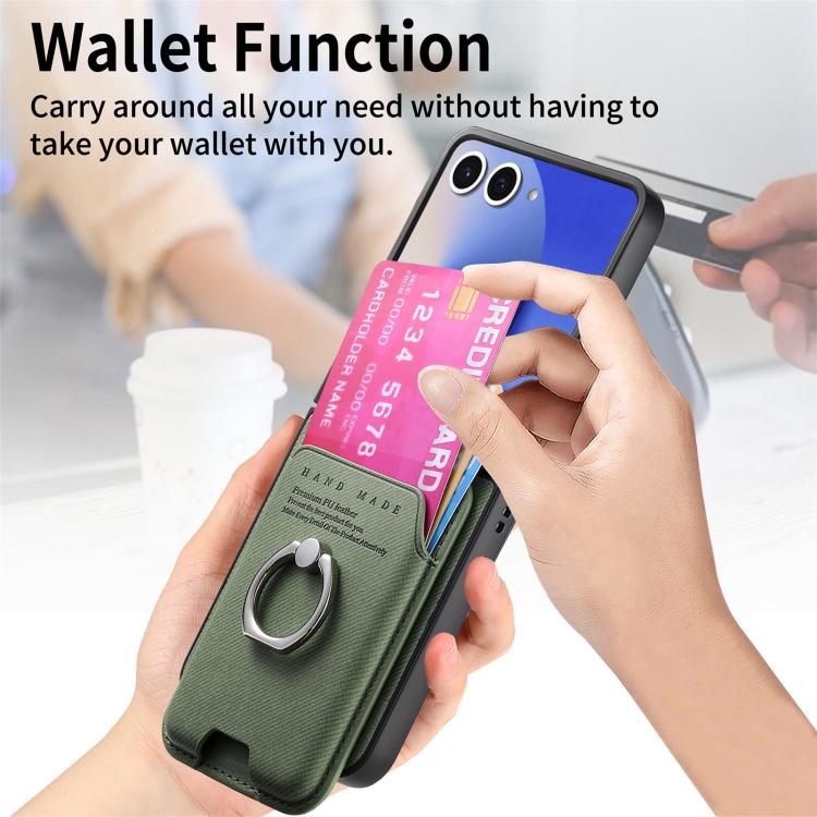 Funda magnética con anillo para Samsung Galaxy Z Flip7 5G, de tela sarga y tarjetero (verde)
