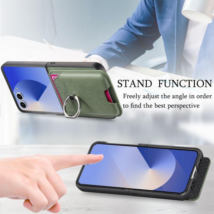 Funda magnética con anillo para Samsung Galaxy Z Flip7 5G, de tela sarga y tarjetero (verde)