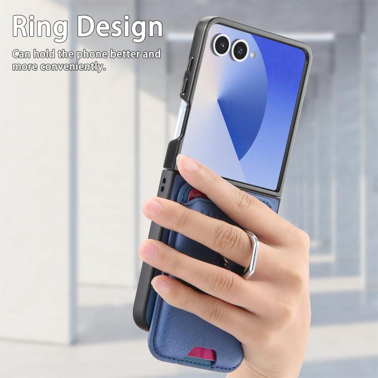 Funda magnética con anillo para Samsung Galaxy Z Flip7 5G, de tela sarga y tarjetero (azul)