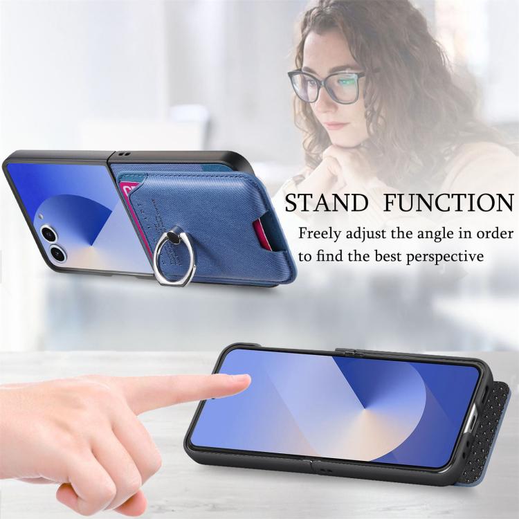 Funda magnética con anillo para Samsung Galaxy Z Flip7 5G, de tela sarga y tarjetero (azul)