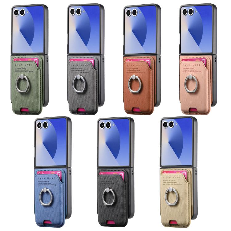 Funda magnética con anillo para Samsung Galaxy Z Flip6 5G, de tela sarga y tarjetero (verde)