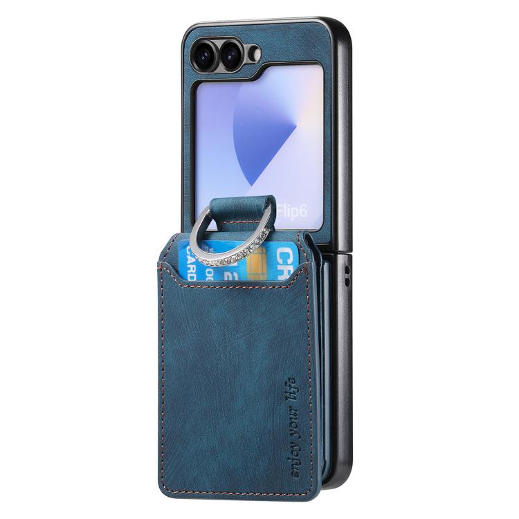 Funda tipo cartera con tapa vertical y anillo de cuero retro para Samsung Galaxy Z Flip5 5G (azul)