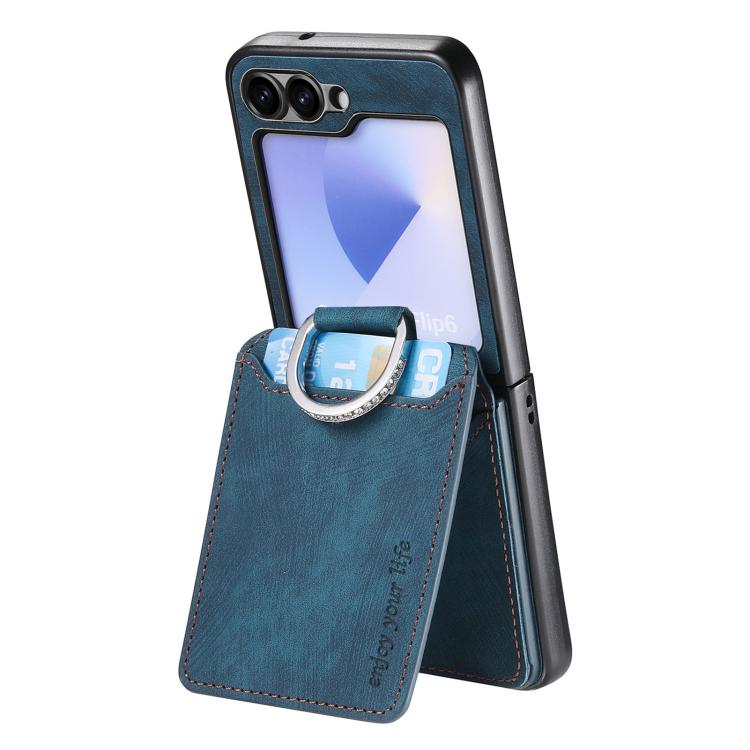 Funda tipo cartera con tapa vertical y anillo de cuero retro para Samsung Galaxy Z Flip5 5G (azul)