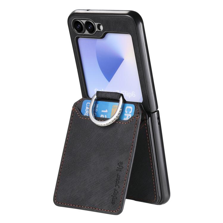 Funda tipo cartera con tapa vertical y anillo de cuero retro para Samsung Galaxy Z Flip5 5G (negro)