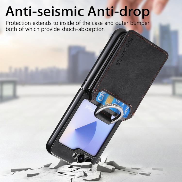 Funda tipo cartera con tapa vertical y anillo de cuero retro para Samsung Galaxy Z Flip5 5G (negro)