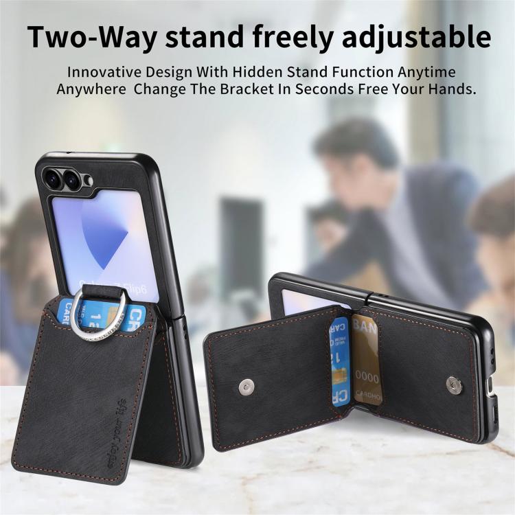 Funda tipo cartera con tapa vertical y anillo de cuero retro para Samsung Galaxy Z Flip5 5G (negro)