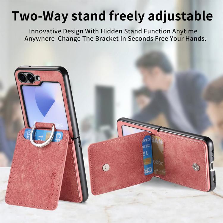 Funda tipo cartera con tapa vertical y anillo de cuero retro para Samsung Galaxy Z Flip5 5G (rosa)