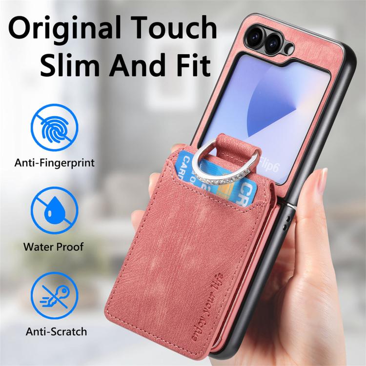 Funda tipo cartera con tapa vertical y anillo de cuero retro para Samsung Galaxy Z Flip5 5G (rosa)