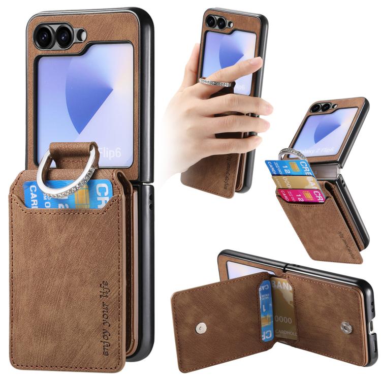 Funda tipo cartera con tapa vertical y anillo de cuero retro para Samsung Galaxy Z Flip5 5G (marrón)