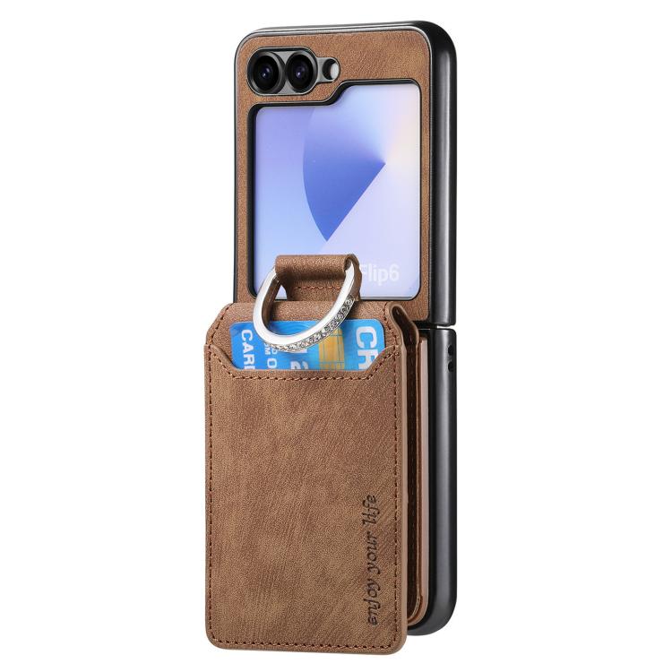Funda tipo cartera con tapa vertical y anillo de cuero retro para Samsung Galaxy Z Flip5 5G (marrón)