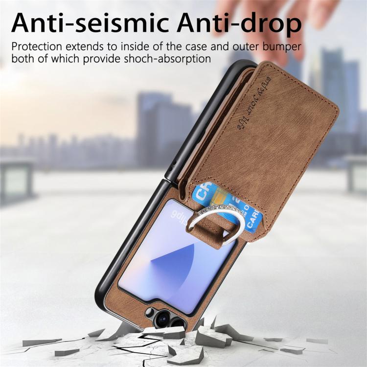 Funda tipo cartera con tapa vertical y anillo de cuero retro para Samsung Galaxy Z Flip5 5G (marrón)