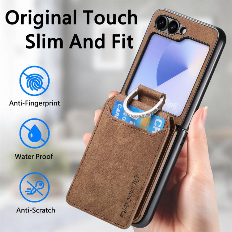 Funda tipo cartera con tapa vertical y anillo de cuero retro para Samsung Galaxy Z Flip5 5G (marrón)