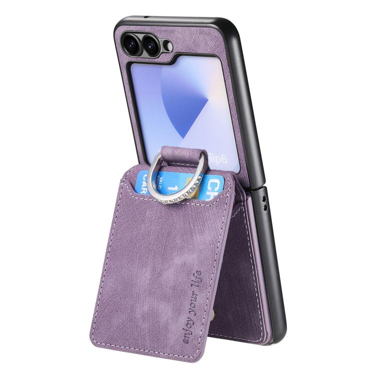 Funda tipo cartera con tapa vertical y anillo de cuero retro para Samsung Galaxy Z Flip5 5G (morado)