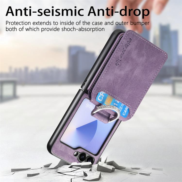 Funda tipo cartera con tapa vertical y anillo de cuero retro para Samsung Galaxy Z Flip5 5G (morado)
