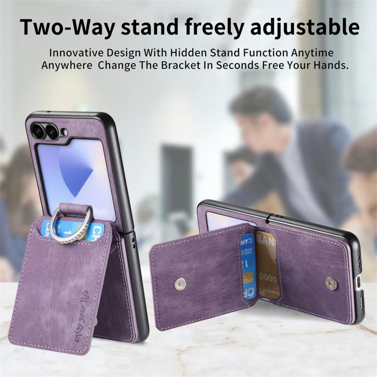 Funda tipo cartera con tapa vertical y anillo de cuero retro para Samsung Galaxy Z Flip5 5G (morado)