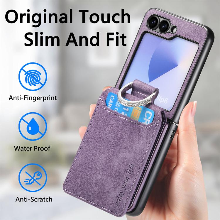Funda tipo cartera con tapa vertical y anillo de cuero retro para Samsung Galaxy Z Flip5 5G (morado)
