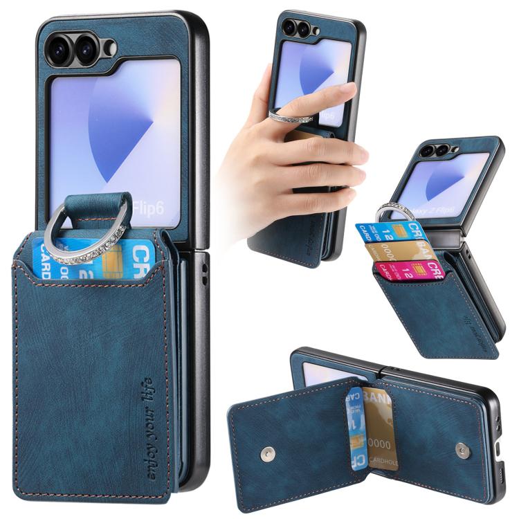Funda tipo cartera con tapa vertical y anillo de cuero retro para Samsung Galaxy Z Flip6 5G (azul)