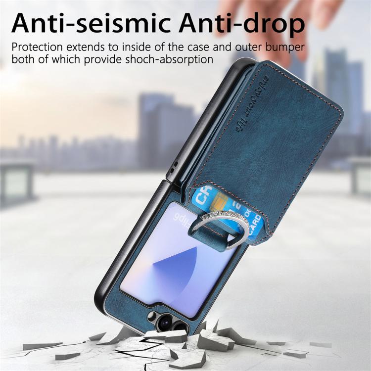 Funda tipo cartera con tapa vertical y anillo de cuero retro para Samsung Galaxy Z Flip6 5G (azul)