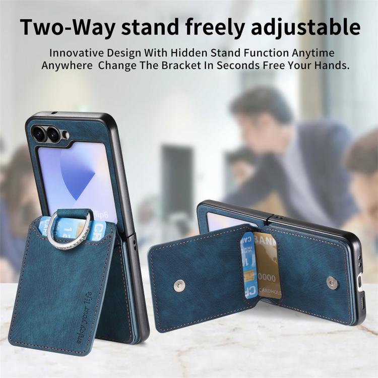 Funda tipo cartera con tapa vertical y anillo de cuero retro para Samsung Galaxy Z Flip6 5G (azul)