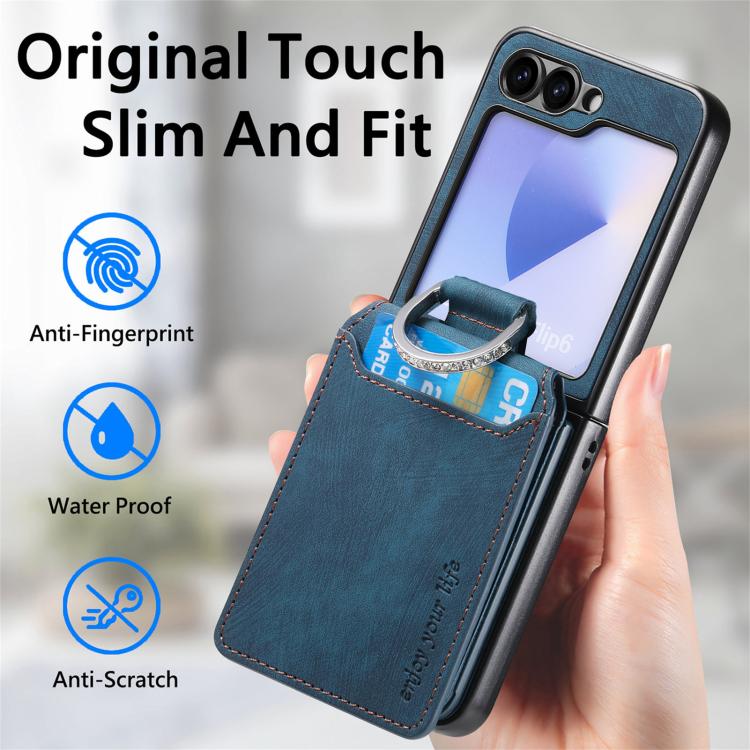 Funda tipo cartera con tapa vertical y anillo de cuero retro para Samsung Galaxy Z Flip6 5G (azul)