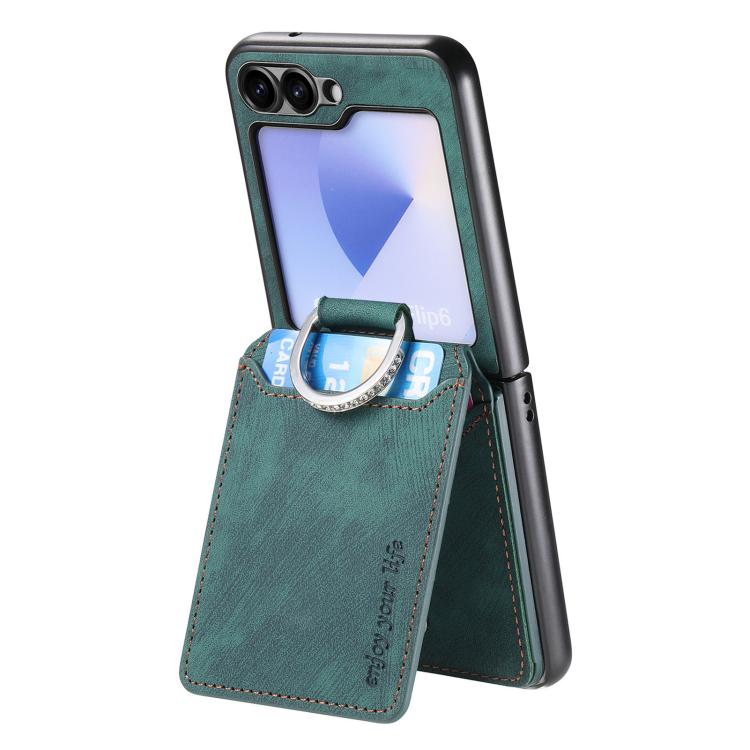Funda tipo cartera con tapa vertical y anillo de cuero retro para Samsung Galaxy Z Flip6 5G (verde)