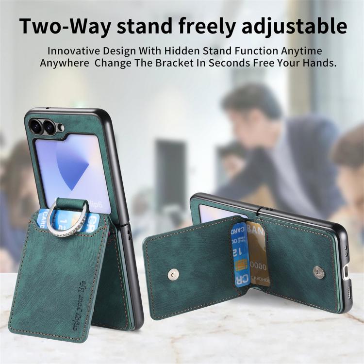 Funda tipo cartera con tapa vertical y anillo de cuero retro para Samsung Galaxy Z Flip6 5G (verde)