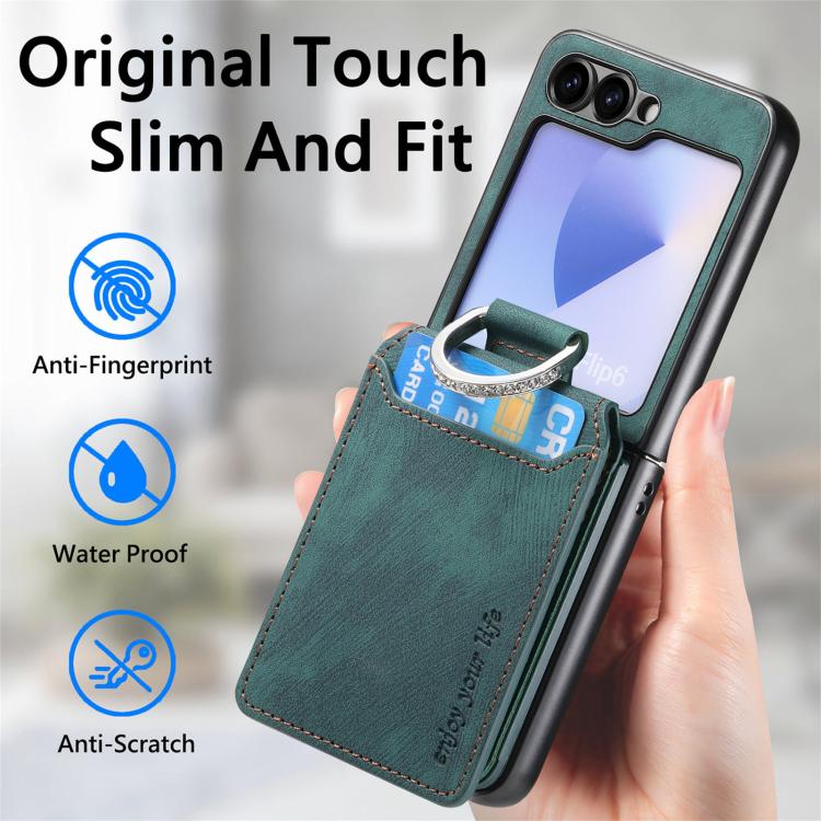 Funda tipo cartera con tapa vertical y anillo de cuero retro para Samsung Galaxy Z Flip6 5G (verde)
