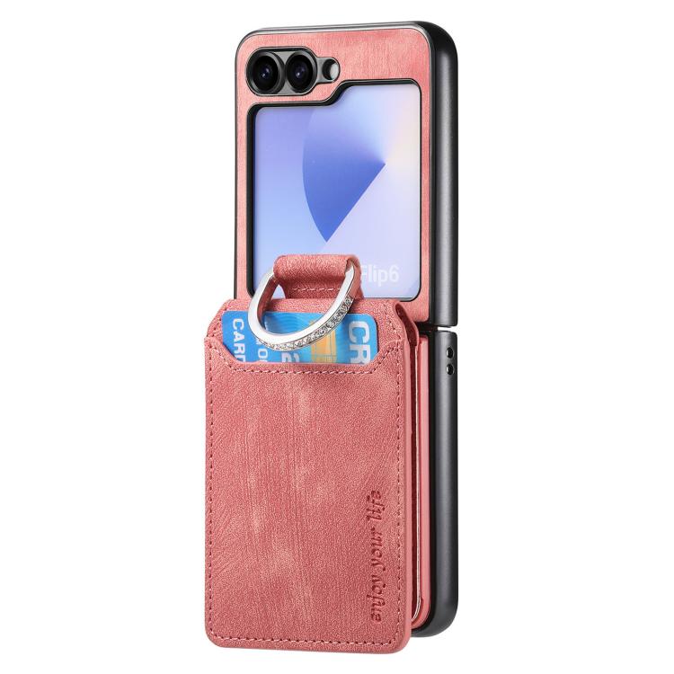 Funda tipo cartera con tapa vertical y anillo de cuero retro para Samsung Galaxy Z Flip6 5G (rosa)