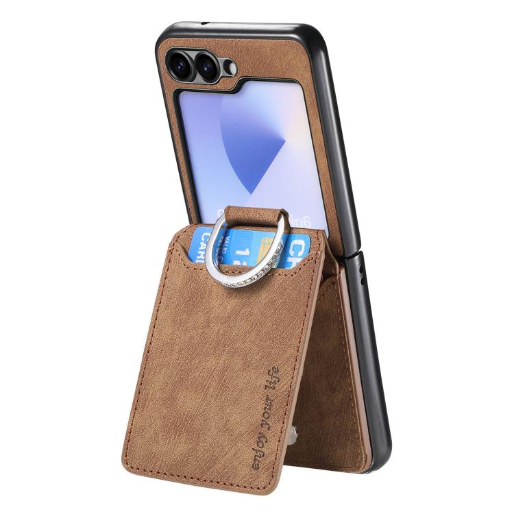 Funda tipo cartera con tapa vertical y anillo de cuero retro para Samsung Galaxy Z Flip6 5G (marrón)