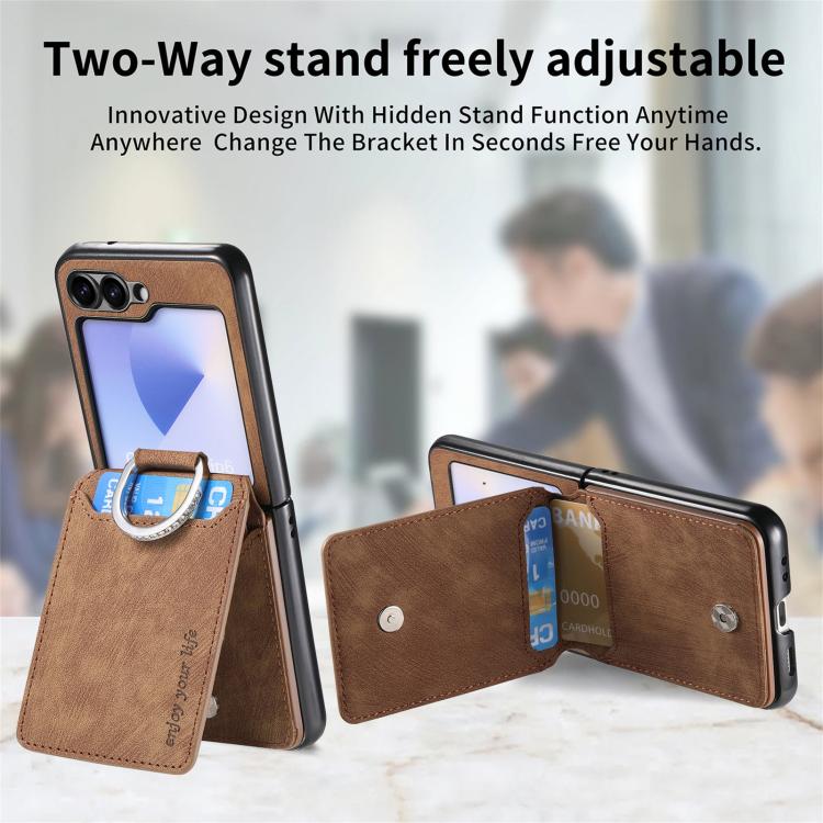 Funda tipo cartera con tapa vertical y anillo de cuero retro para Samsung Galaxy Z Flip6 5G (marrón)