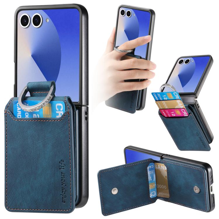Funda tipo cartera con tapa vertical y anillo de cuero retro para Samsung Galaxy Z Flip7 5G (azul)