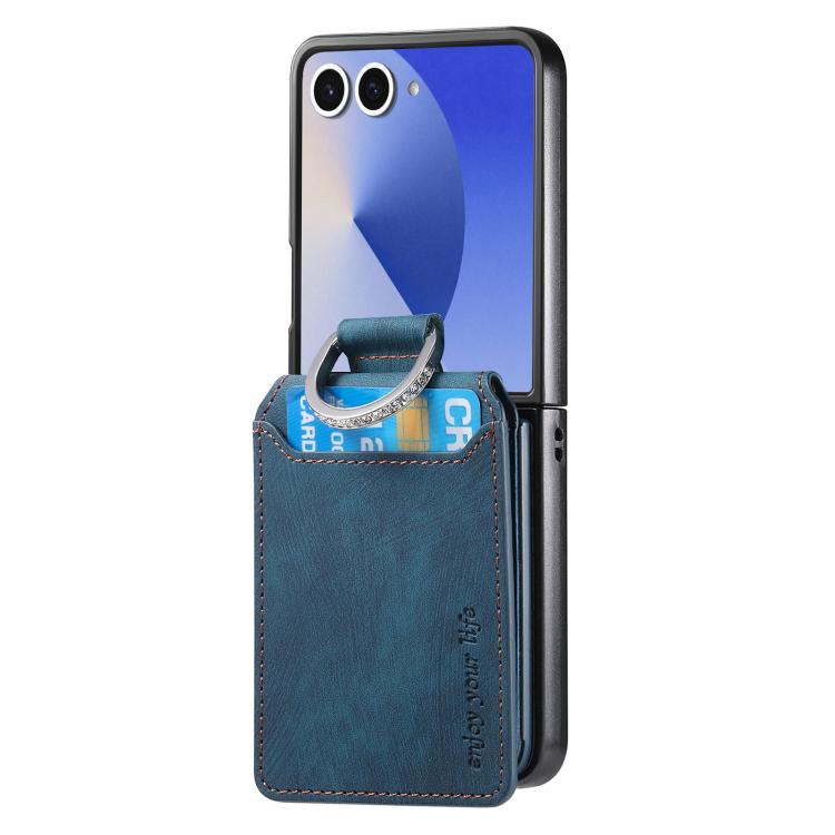Funda tipo cartera con tapa vertical y anillo de cuero retro para Samsung Galaxy Z Flip7 5G (azul)