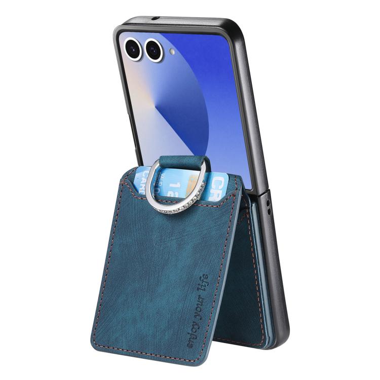 Funda tipo cartera con tapa vertical y anillo de cuero retro para Samsung Galaxy Z Flip7 5G (azul)