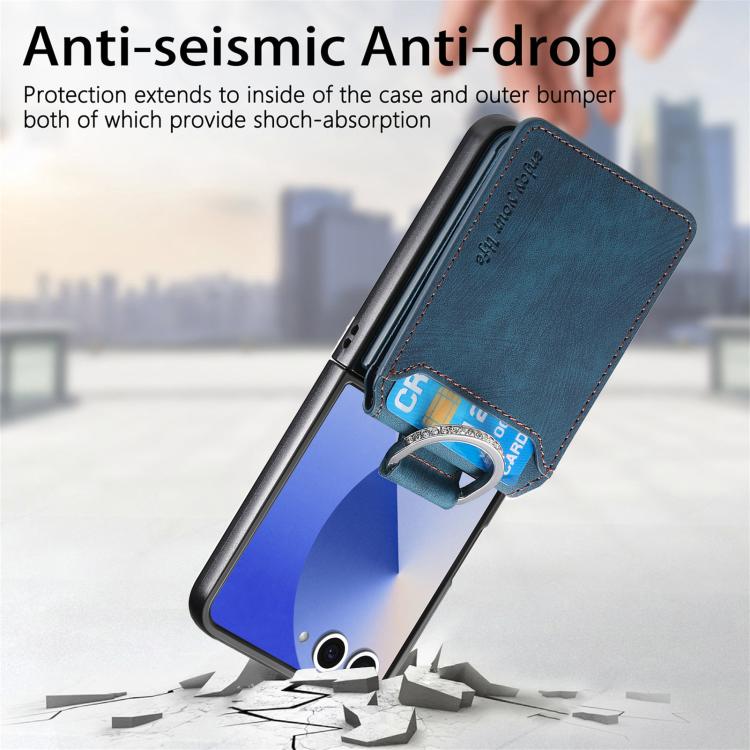 Funda tipo cartera con tapa vertical y anillo de cuero retro para Samsung Galaxy Z Flip7 5G (azul)