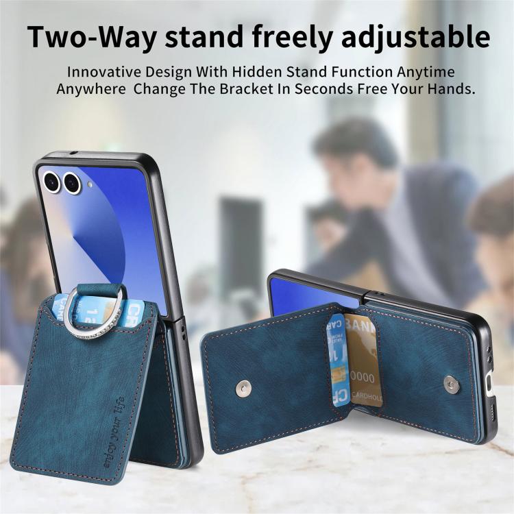 Funda tipo cartera con tapa vertical y anillo de cuero retro para Samsung Galaxy Z Flip7 5G (azul)