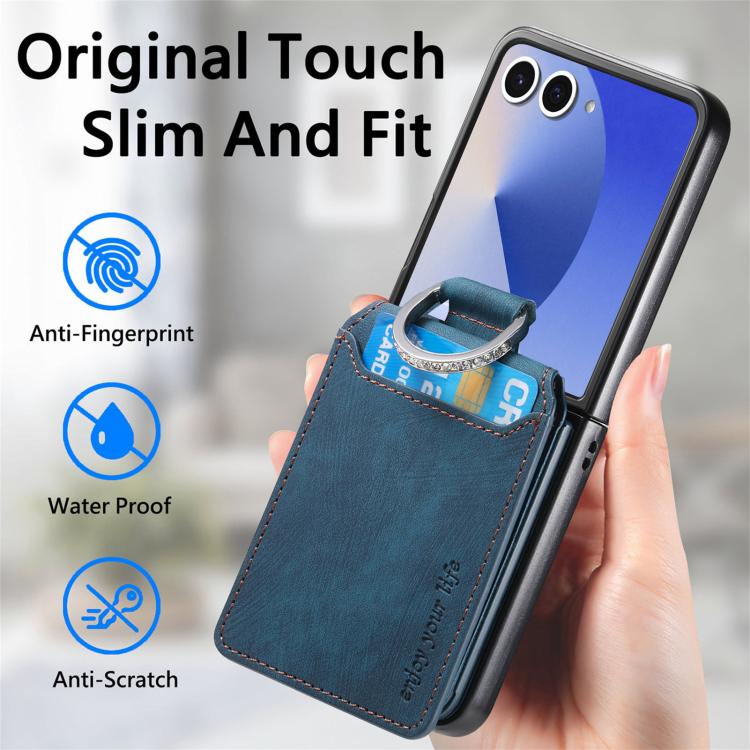 Funda tipo cartera con tapa vertical y anillo de cuero retro para Samsung Galaxy Z Flip7 5G (azul)