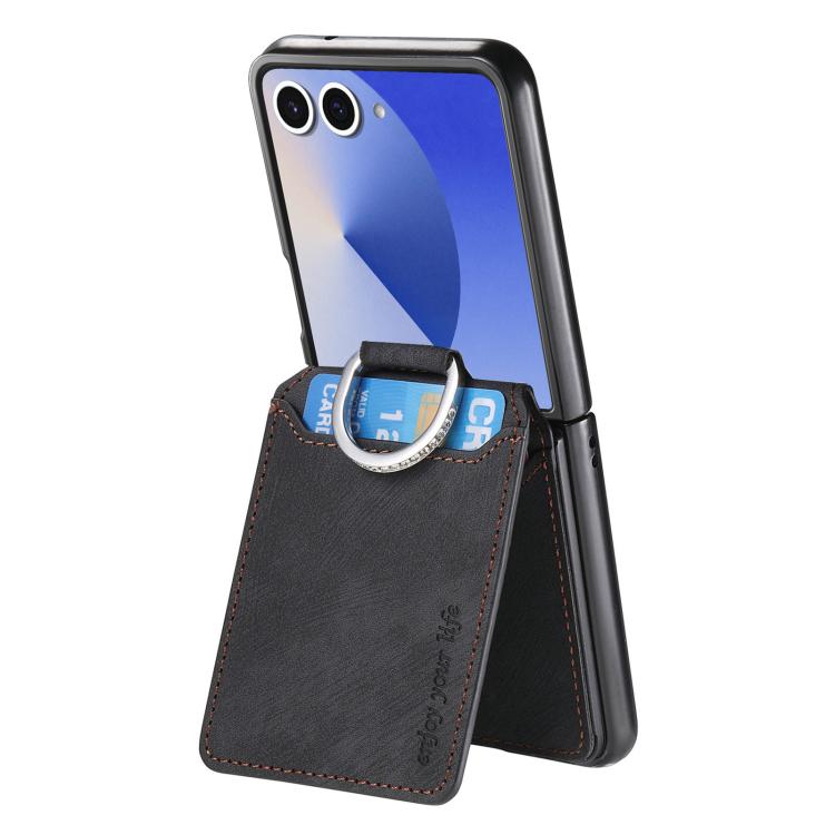 Funda tipo cartera con tapa vertical y anillo de cuero retro para Samsung Galaxy Z Flip7 5G (negro)