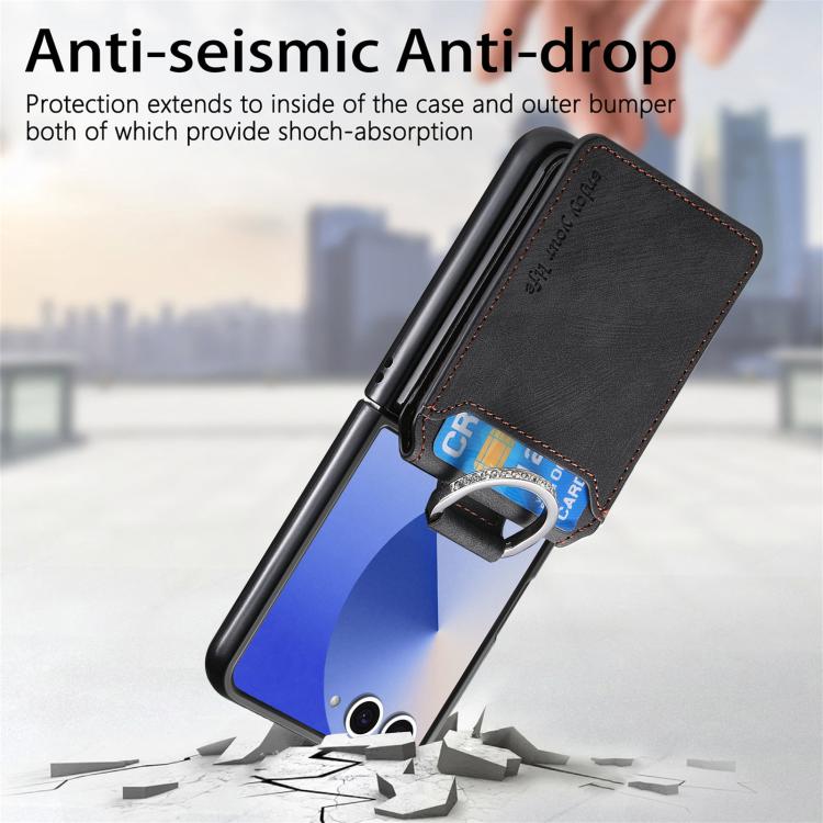 Funda tipo cartera con tapa vertical y anillo de cuero retro para Samsung Galaxy Z Flip7 5G (negro)