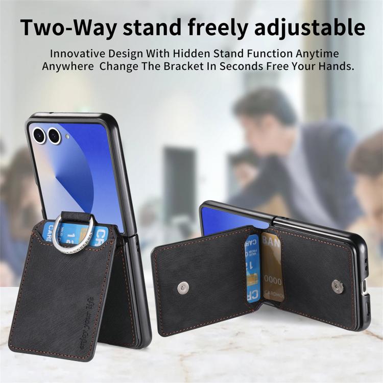 Funda tipo cartera con tapa vertical y anillo de cuero retro para Samsung Galaxy Z Flip7 5G (negro)