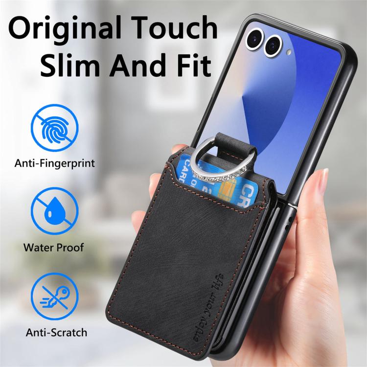 Funda tipo cartera con tapa vertical y anillo de cuero retro para Samsung Galaxy Z Flip7 5G (negro)