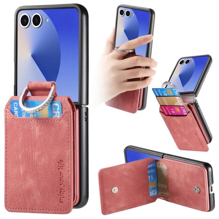Funda tipo cartera con tapa vertical y anillo de cuero retro para Samsung Galaxy Z Flip7 5G (rosa)