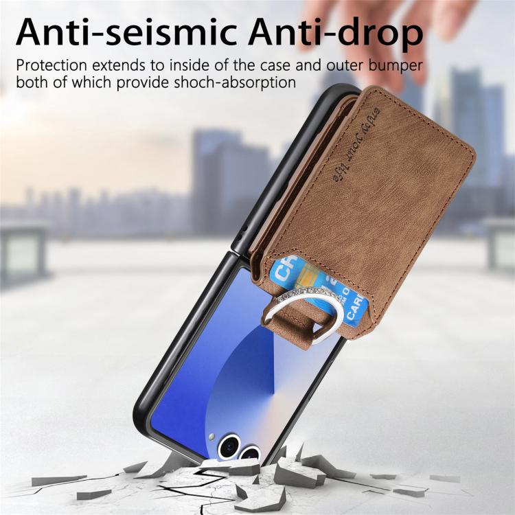 Funda tipo cartera con tapa vertical y anillo de cuero retro para Samsung Galaxy Z Flip7 5G (marrón)