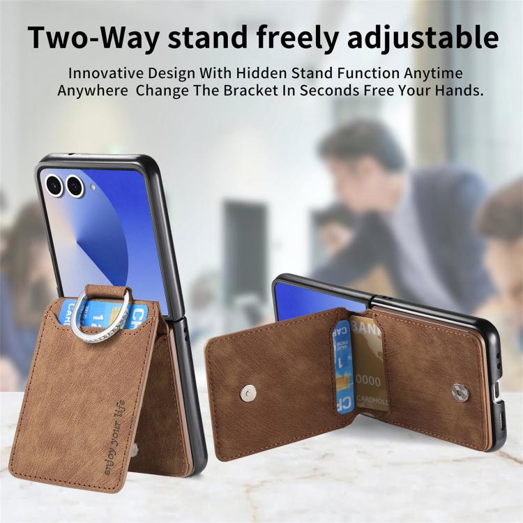 Funda tipo cartera con tapa vertical y anillo de cuero retro para Samsung Galaxy Z Flip7 5G (marrón)