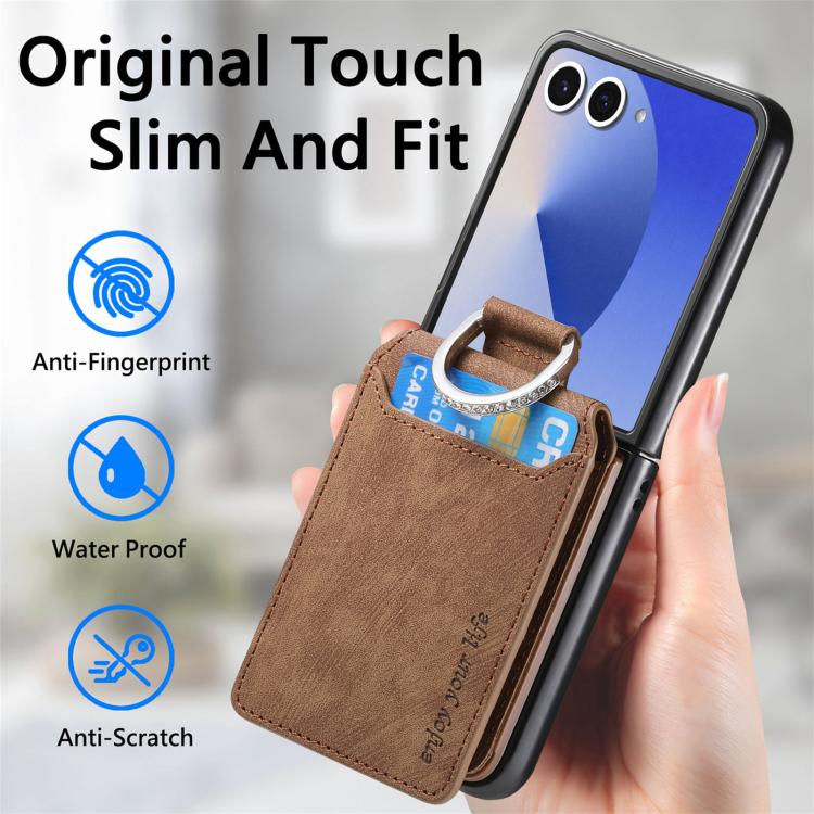 Funda tipo cartera con tapa vertical y anillo de cuero retro para Samsung Galaxy Z Flip7 5G (marrón)