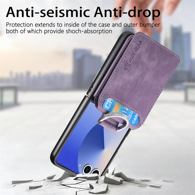Funda tipo cartera con tapa vertical y anillo de cuero retro para Samsung Galaxy Z Flip7 5G (morado)