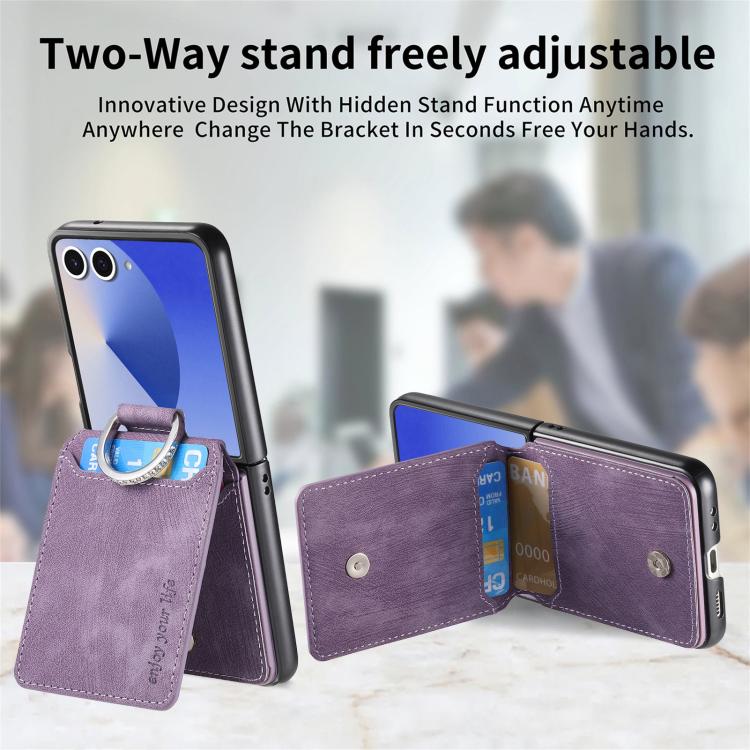 Funda tipo cartera con tapa vertical y anillo de cuero retro para Samsung Galaxy Z Flip7 5G (morado)