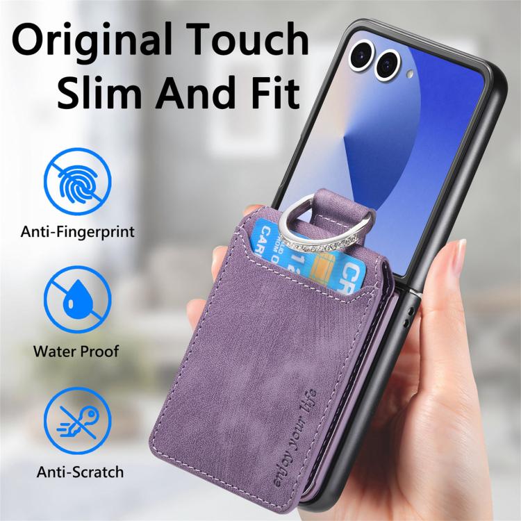 Funda tipo cartera con tapa vertical y anillo de cuero retro para Samsung Galaxy Z Flip7 5G (morado)