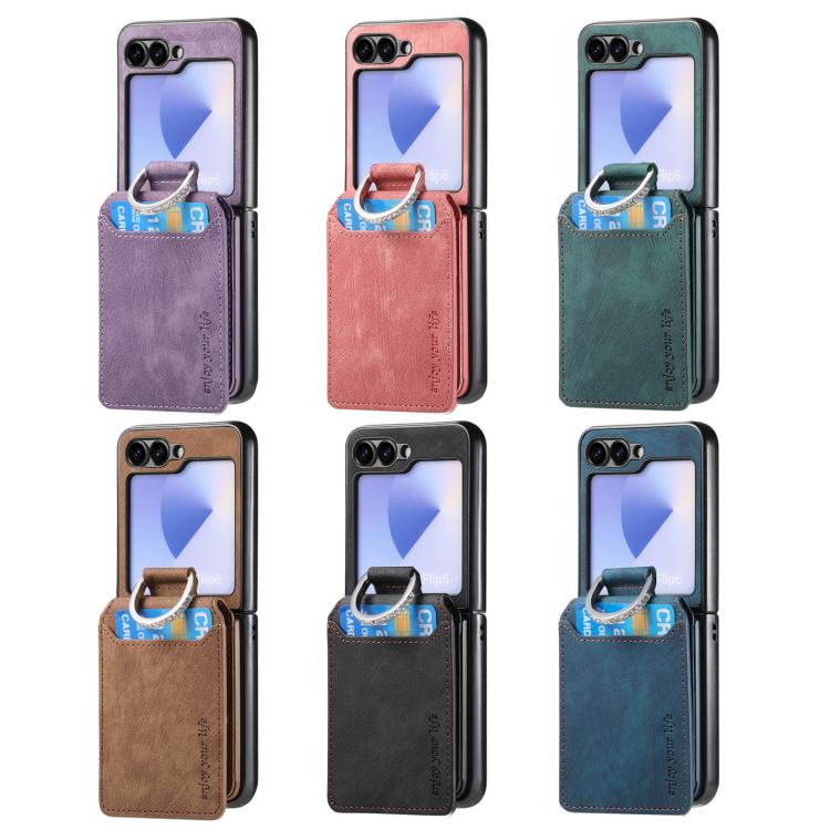 Funda tipo cartera con tapa vertical y anillo de cuero retro para Samsung Galaxy Z Flip6 5G (azul)